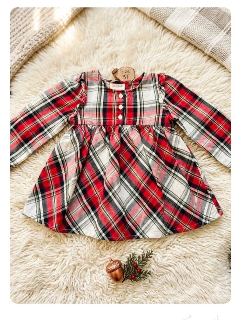 Cat & Jack Girls 3t Red Plaid Long Sleeve Holiday Christmas Dress Casual Winter